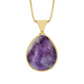 9ct Yellow Gold Whitby Jet Blue John King's Coronation Hallmark Double Sided Pear-shaped Necklace D