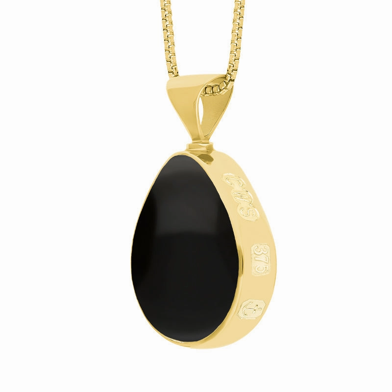 9ct Yellow Gold Whitby Jet Blue John King's Coronation Hallmark Double Sided Pear-shaped Necklace D