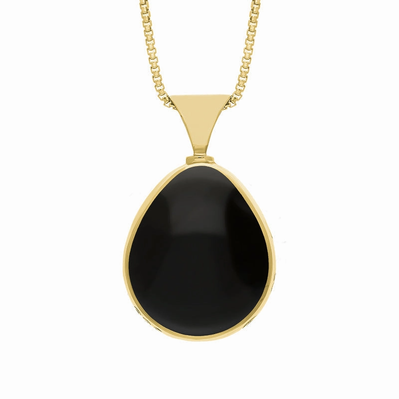 9ct Yellow Gold Whitby Jet Blue John King's Coronation Hallmark Double Sided Pear-shaped Necklace D