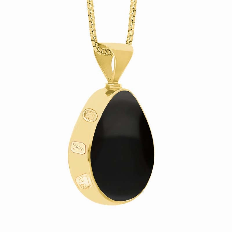 9ct Yellow Gold Whitby Jet Blue John King's Coronation Hallmark Double Sided Pear-shaped Necklace D