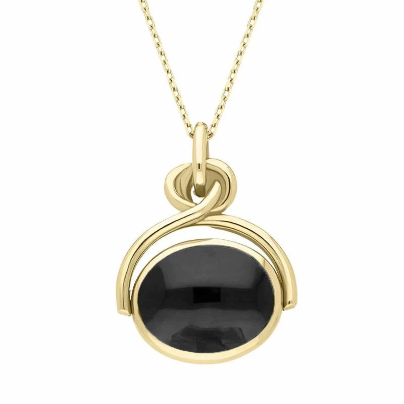 9ct Yellow Gold Whitby Jet Blue John Oval Swivel Fob Necklace