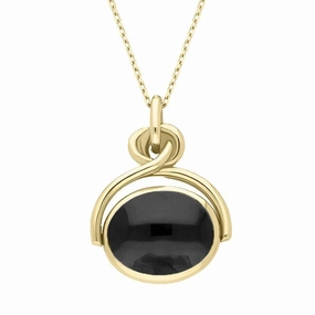 9ct Yellow Gold Whitby Jet Blue John Oval Swivel Fob Necklace