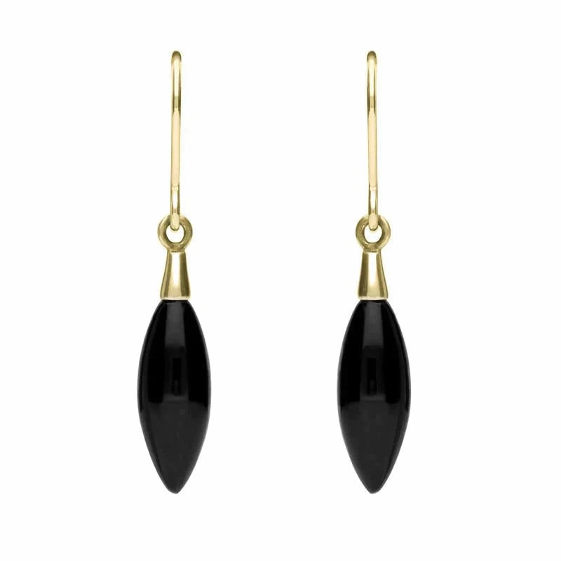 9ct Yellow Gold Whitby Jet Carved Marquise Drop Earrings