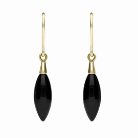 9ct Yellow Gold Whitby Jet Carved Marquise Drop Earrings