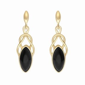 9ct Yellow Gold Whitby Jet Celtic Twist Drop Stud Earrings