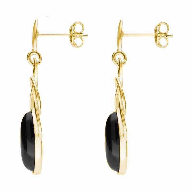 9ct Yellow Gold Whitby Jet Celtic Twist Drop Stud Earrings