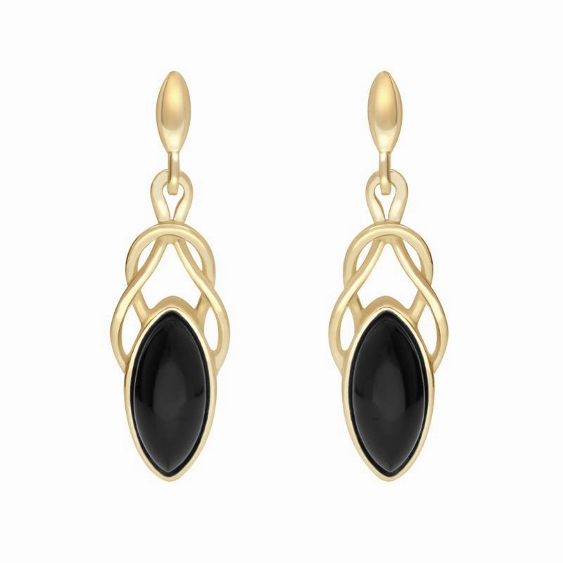 9ct Yellow Gold Whitby Jet Celtic Twist Drop Stud Earrings