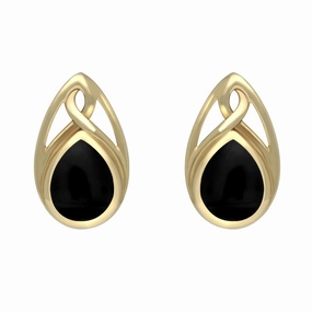 9ct Yellow Gold Whitby Jet Celtic Twist Top Stud Earrings