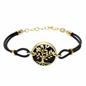 9ct Yellow Gold Whitby Jet Cord Round Large Leaves Tree Of Life Bracelet