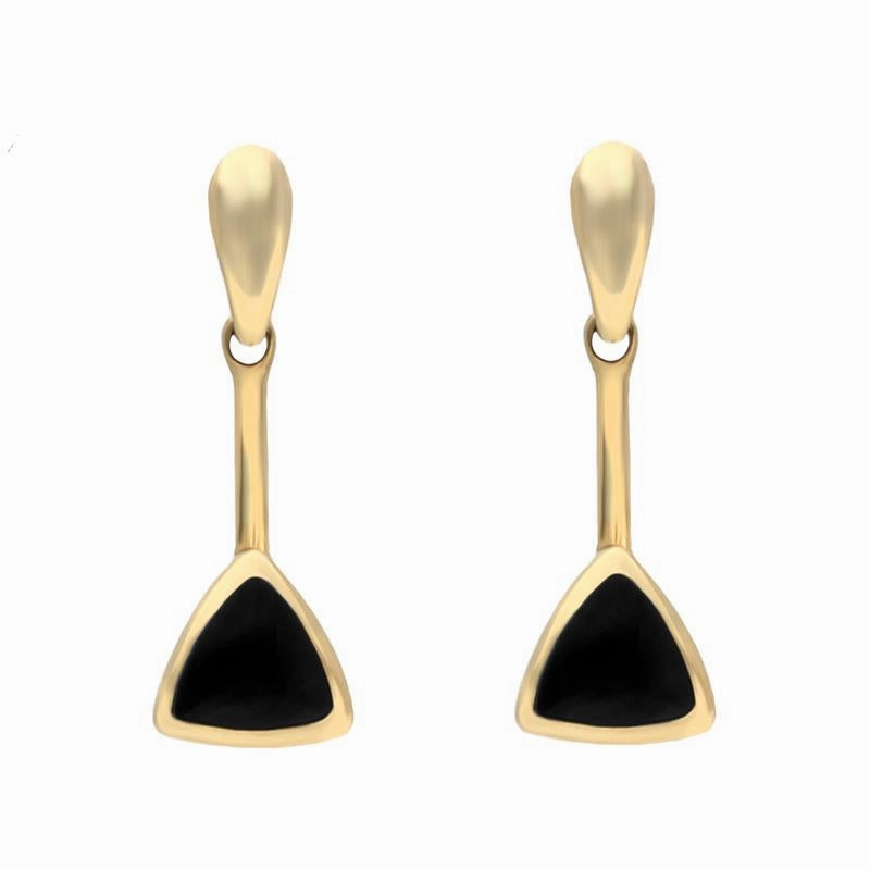 9ct Yellow Gold Whitby Jet Curved Triangle Drop Earrings