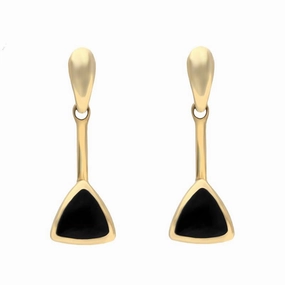 9ct Yellow Gold Whitby Jet Curved Triangle Drop Earrings