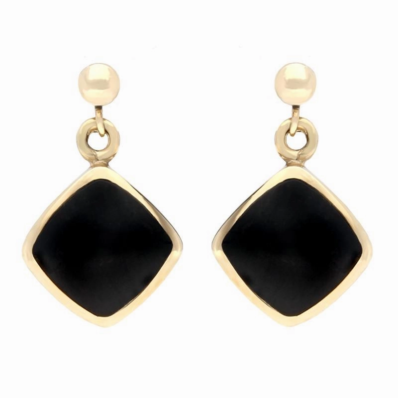 9ct Yellow Gold Whitby Jet Cushion Drop Earrings
