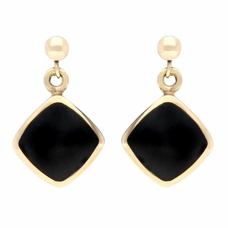 9ct Yellow Gold Whitby Jet Cushion Drop Earrings