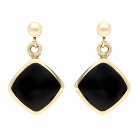 9ct Yellow Gold Whitby Jet Cushion Drop Earrings