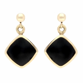 9ct Yellow Gold Whitby Jet Cushion Drop Earrings