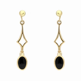 9ct Yellow Gold Whitby Jet Diamond Shape Oval Drop Earrings
