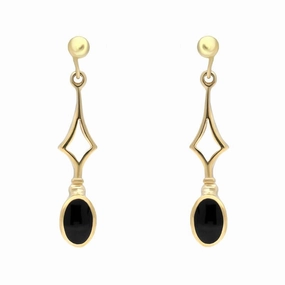9ct Yellow Gold Whitby Jet Diamond Shape Oval Drop Earrings