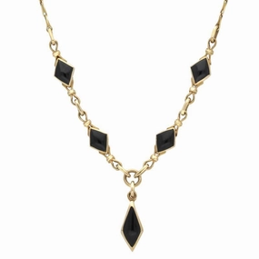 9ct Yellow Gold Whitby Jet Diamond Shaped Necklace D