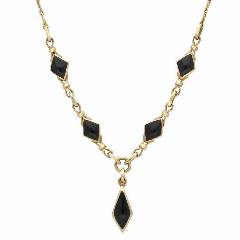 9ct Yellow Gold Whitby Jet Diamond Shaped Necklace D