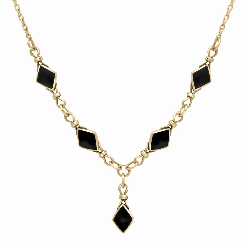 9ct Yellow Gold Whitby Jet Diamond Shaped Necklace