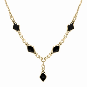 9ct Yellow Gold Whitby Jet Diamond Shaped Necklace
