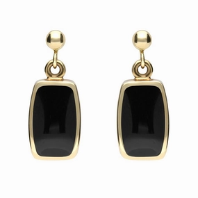 9ct Yellow Gold Whitby Jet Dinky Barrel Drop Earrings