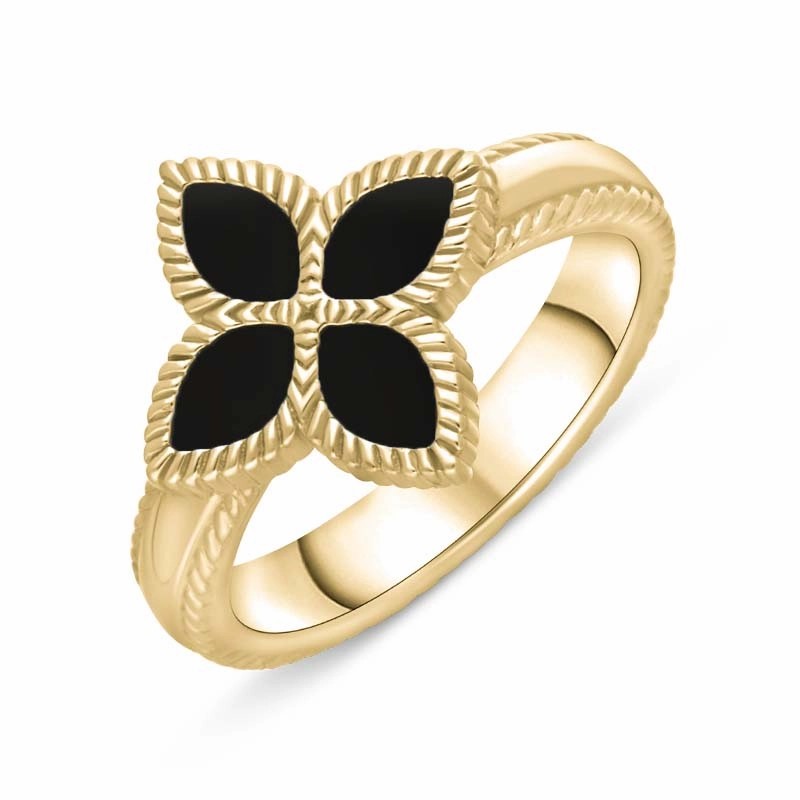 9ct Yellow Gold Whitby Jet Eden Marquise Flower Ring
