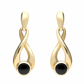 9ct Yellow Gold Whitby Jet Eternity Loop Drop Earrings