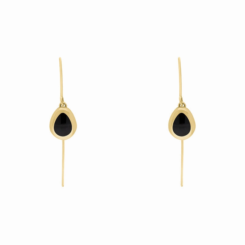9ct Yellow Gold Whitby Jet Fleur De Lis Disc Drop Earrings
