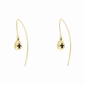 9ct Yellow Gold Whitby Jet Fleur De Lis Disc Drop Earrings