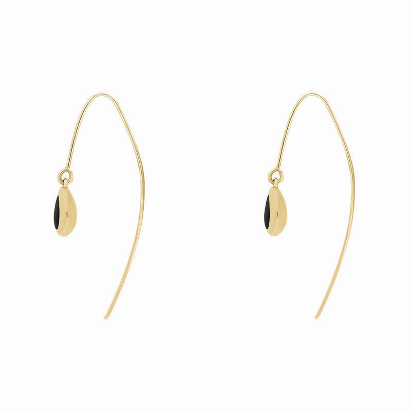 9ct Yellow Gold Whitby Jet Fleur De Lis Disc Drop Earrings