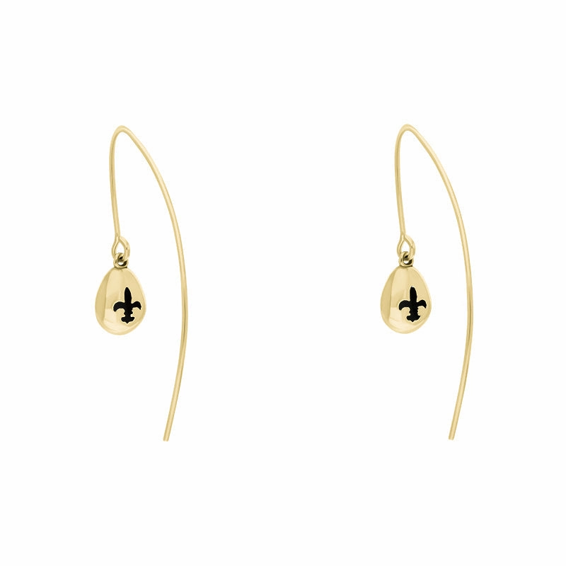 9ct Yellow Gold Whitby Jet Fleur De Lis Disc Drop Earrings