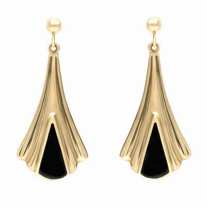 9ct Yellow Gold Whitby Jet Fleur Triangle Drop Earrings