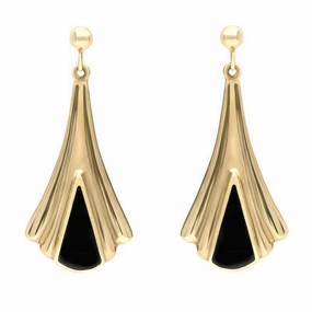 9ct Yellow Gold Whitby Jet Fleur Triangle Drop Earrings
