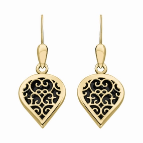 9ct Yellow Gold Whitby Jet Flore Filigree Heart Drop Earrings