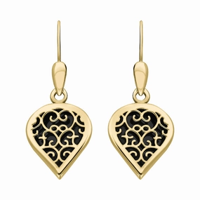 9ct Yellow Gold Whitby Jet Flore Filigree Heart Drop Earrings
