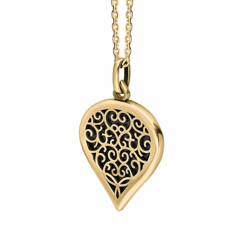 9ct Yellow Gold Whitby Jet Flore Filigree Medium Heart Necklace