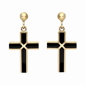 9ct Yellow Gold Whitby Jet Four Stone Cross Drop Earrings D