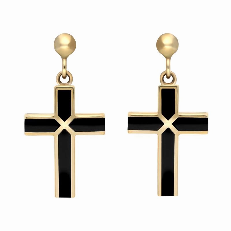 9ct Yellow Gold Whitby Jet Four Stone Cross Drop Earrings D