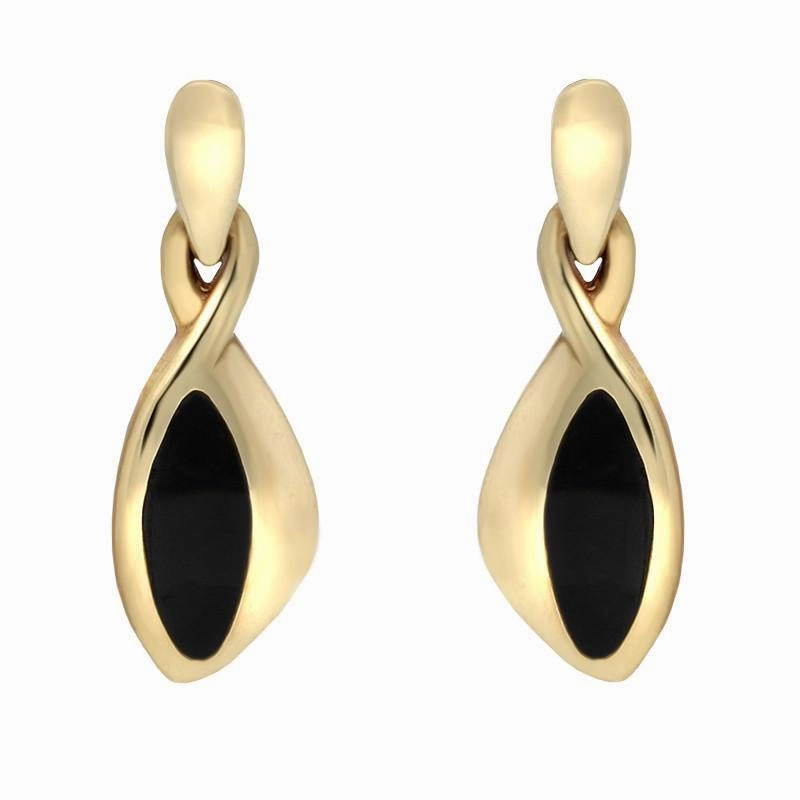 9ct Yellow Gold Whitby Jet Freeform Drop Earrings