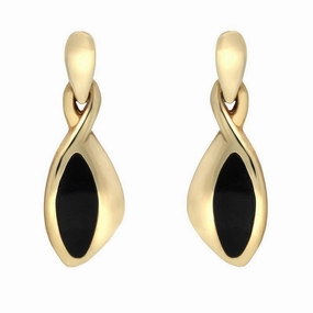 9ct Yellow Gold Whitby Jet Freeform Drop Earrings