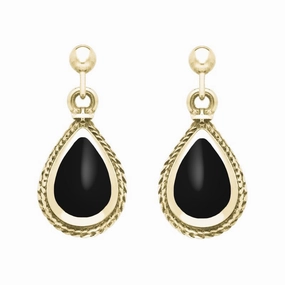 9ct Yellow Gold Whitby Jet Gold Pear Shaped Drop Earrings