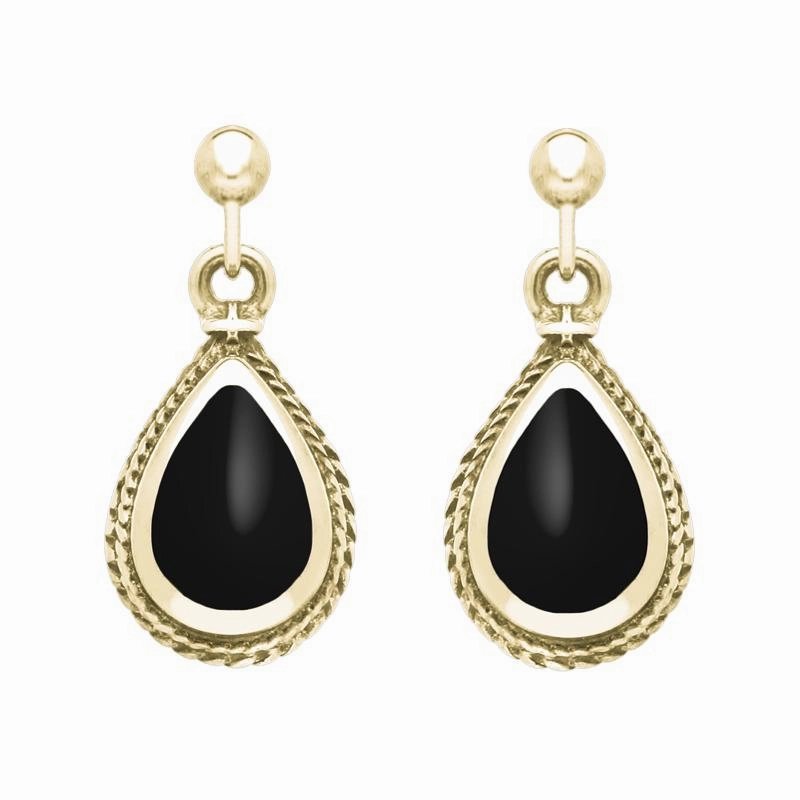 9ct Yellow Gold Whitby Jet Gold Pear Shaped Drop Earrings
