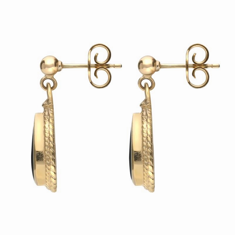 9ct Yellow Gold Whitby Jet Gold Pear Shaped Drop Earrings