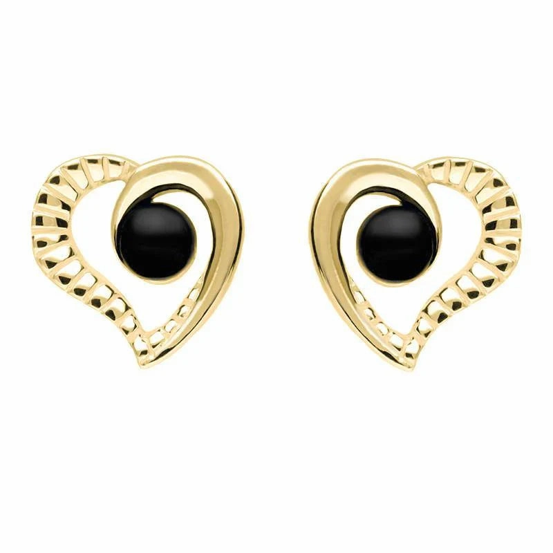 9ct Yellow Gold Whitby Jet Half Ridged Heart Stud Earrings