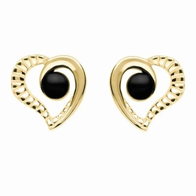 9ct Yellow Gold Whitby Jet Half Ridged Heart Stud Earrings