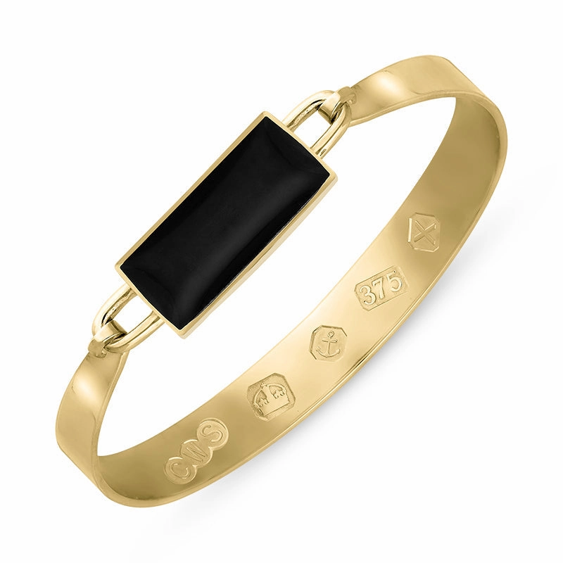 9ct Yellow Gold Whitby Jet Hallmark Wide Oblong Bangle