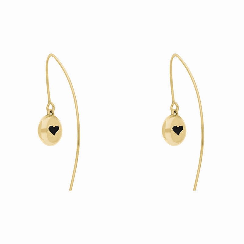 9ct Yellow Gold Whitby Jet Heart Disc Drop Earrings