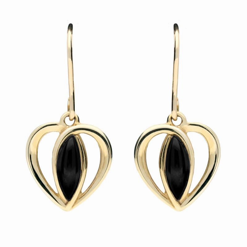9ct Yellow Gold Whitby Jet Heart Drop Earrings