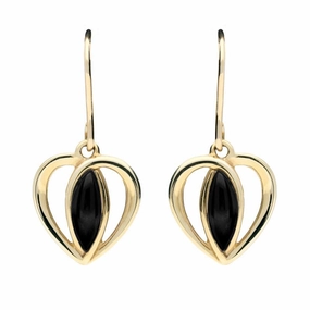 9ct Yellow Gold Whitby Jet Heart Drop Earrings